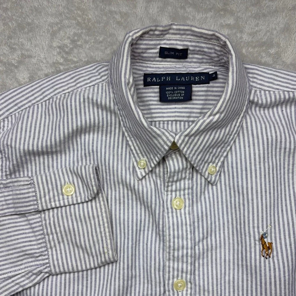 Ralph Lauren Button Down Shirt Womens 4 Blue White Striped Slim Fit Oxford Pony - Picture 1 of 11